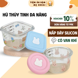 Hũ trữ đông thủy tinh Mumbebe, trữ đông đồ ăn cho bé , in hình họa tiết, có van thoát khí, vạch chia