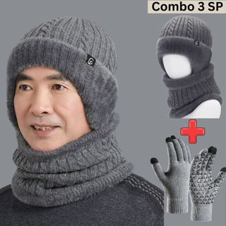  Mũ len nam nữ trùm đầu mùa đông Mũ len cho ngời già kèm khăn quàng cổ lót nỉ giữ ấm chống lạnh 