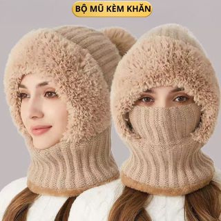 Mũ len nữ trùm đầu ,Mũ len nam nữ mùa đông kèm khăn quàng cổ lót nỉ dày dặn giữ ấm chống lạnh