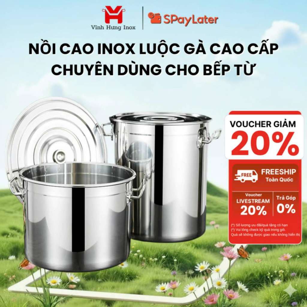 Nồi inox thấp dáy dày cao cấp 15L-60L,cho bếp tứ,kt 30-50cm,hầm xương nấu nước nấu bánh chưng