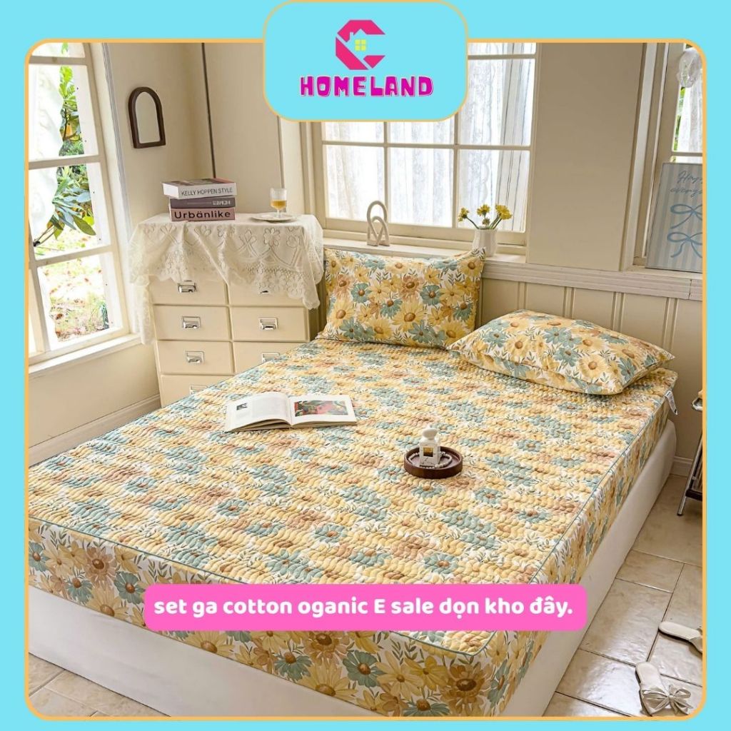 HOMELAND 𝗖𝗼𝘁𝘁𝗼𝗻 𝗢𝗿𝗴𝗮𝗻𝗶𝗰 Ga gối cotton organic trần full set 3 món Mềm mát Bền đẹp ga trải luôn căng 