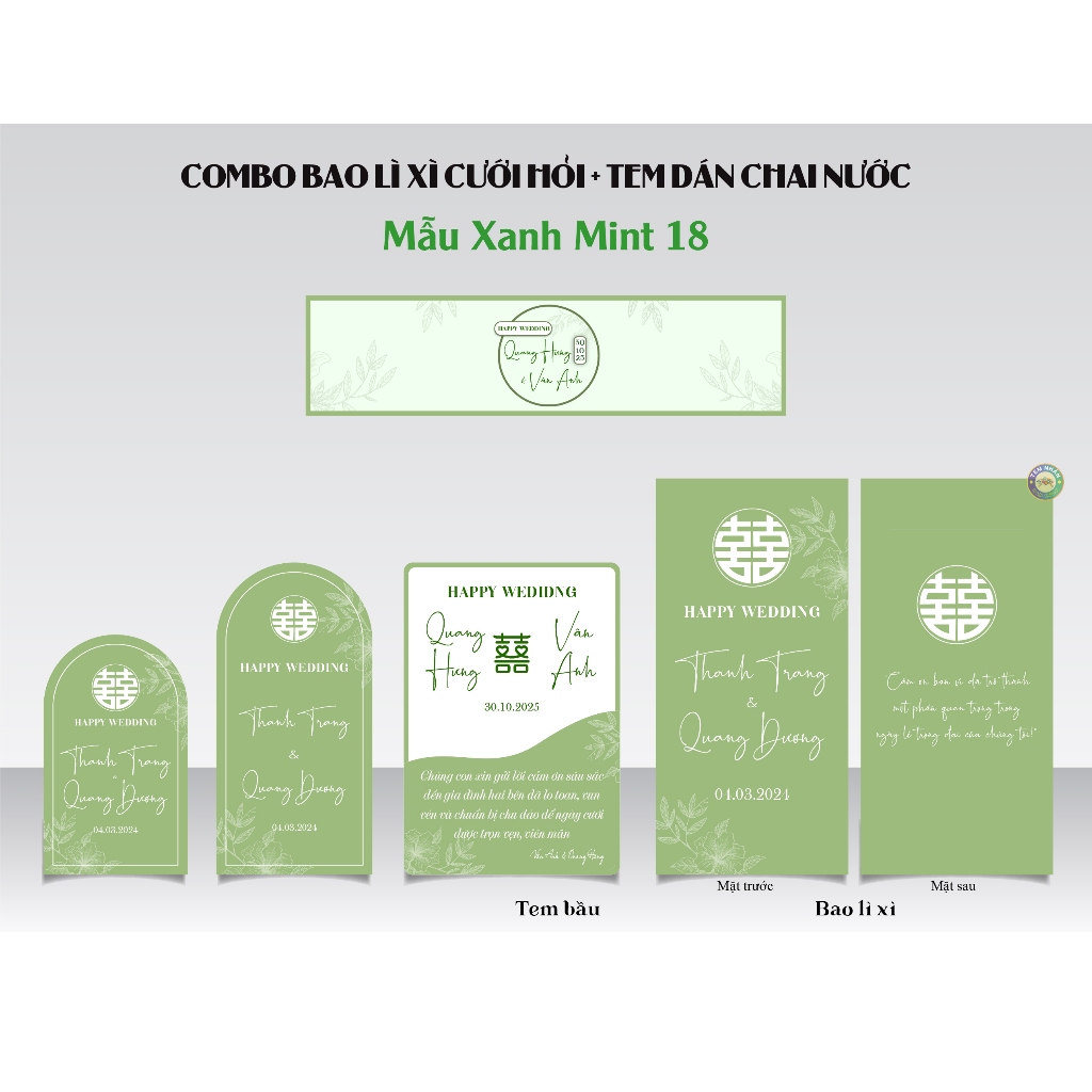 COMBO Phong bì CƯỚI HỎI in tên cô dâu chú rể + Nhãn dán chai nước suối Mẫu Xanh Mint 18