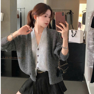  Áo Len Dệt Cổ Tim Áo Khoác Cadigan Lông Thỏ 2 Lớp Phối Màu Tương Phản Dáng Vừa Dài Tay Cổ V Trẻ Trung Hàng Qccc Nanganh 