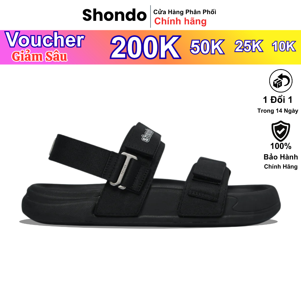 Giày sandal nam nữ Shondo bánh mì Platy 5 khoen gài màu đen PL51010