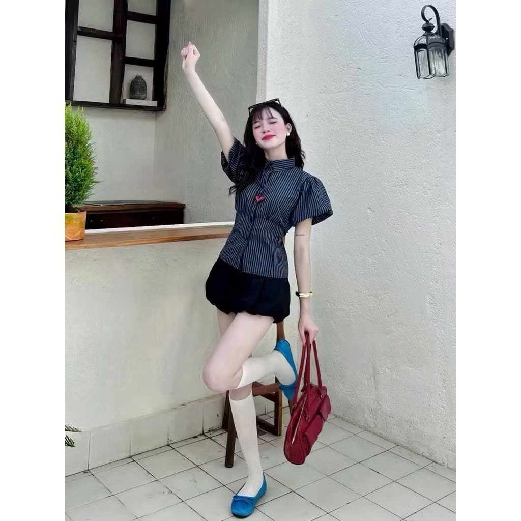 Áo sơ mi kẻ sọc tay bồng chiết eo dễ phối đồ Shees Store Thời Trang Nữ | BigBuy360 - bigbuy360.vn