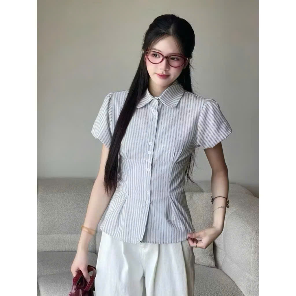 Áo sơ mi kẻ sọc tay bồng chiết eo dễ phối đồ Shees Store Thời Trang Nữ | BigBuy360 - bigbuy360.vn