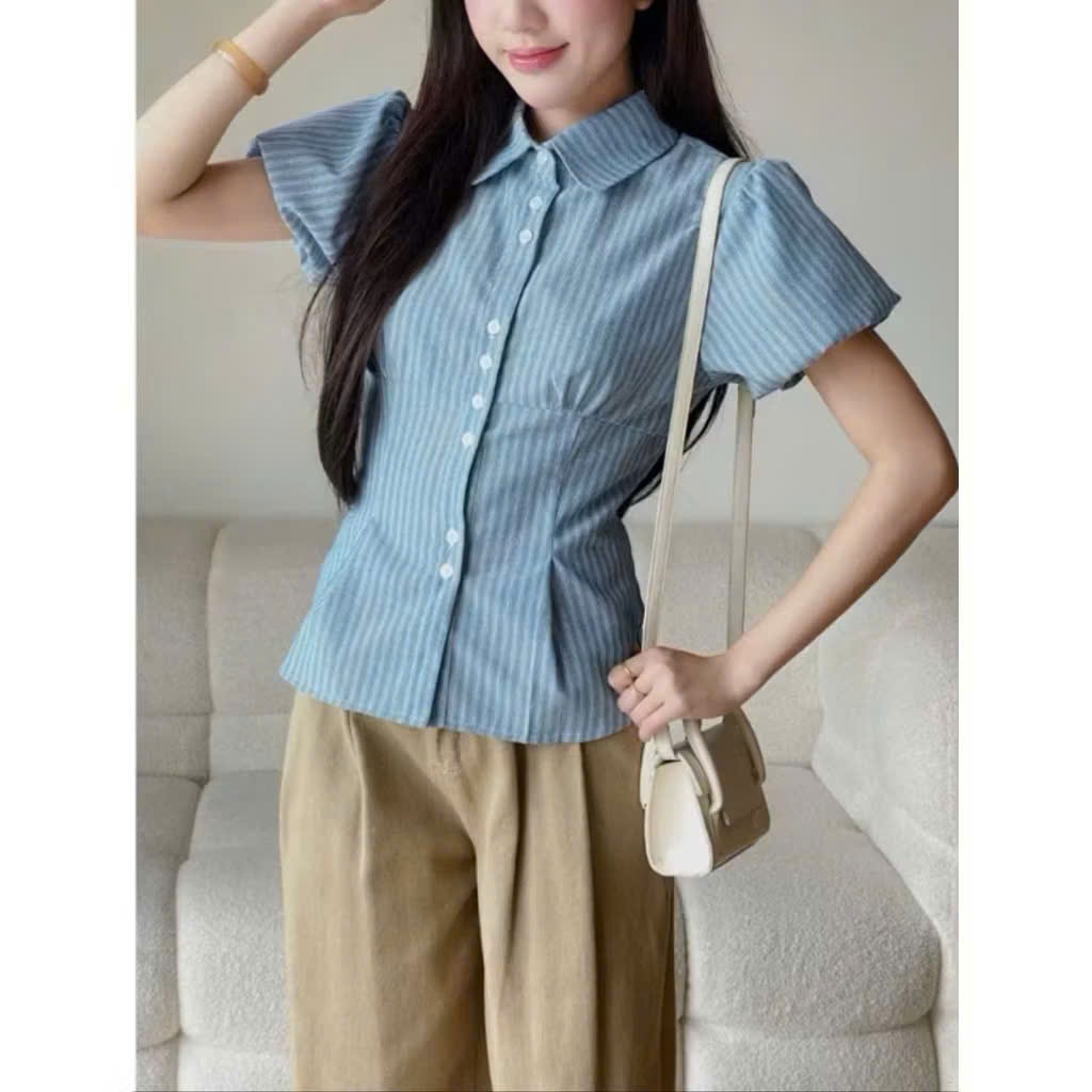 Áo sơ mi kẻ sọc tay bồng chiết eo dễ phối đồ Shees Store Thời Trang Nữ | BigBuy360 - bigbuy360.vn