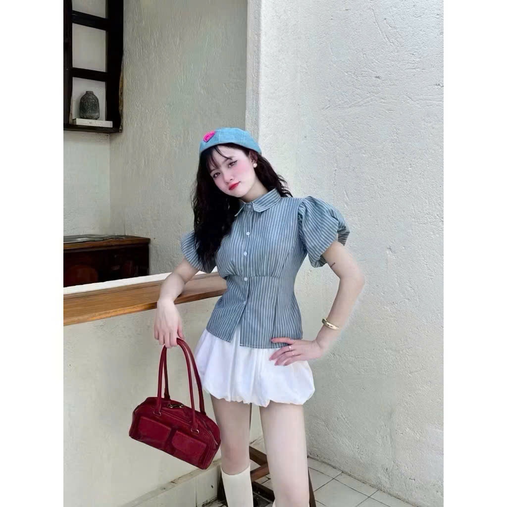 Áo sơ mi kẻ sọc tay bồng chiết eo dễ phối đồ Shees Store Thời Trang Nữ | BigBuy360 - bigbuy360.vn
