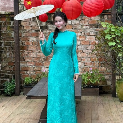 Áo dài thiết kế lụa tằm hoa 2 tà cao cấp THỤC KHUÊ xanh ngọc Callene (CC492)