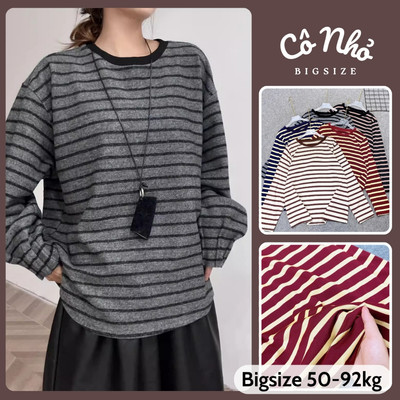 Áo Phông Sọc Ngang Bigsize Nữ Tay Dài Cổ Tròn Vải Thun Cotton Co Giãn Mềm Mịn Cho Chubby A311