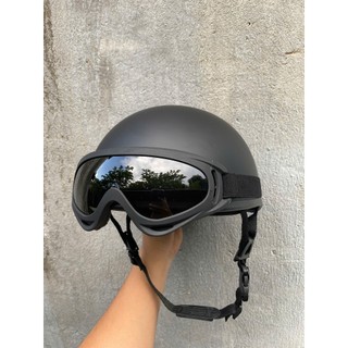 Mũ Bảo Hiểm Nửa Đầu Đen Nhám ( Kính Phi Công + Kính UV400 Đen )