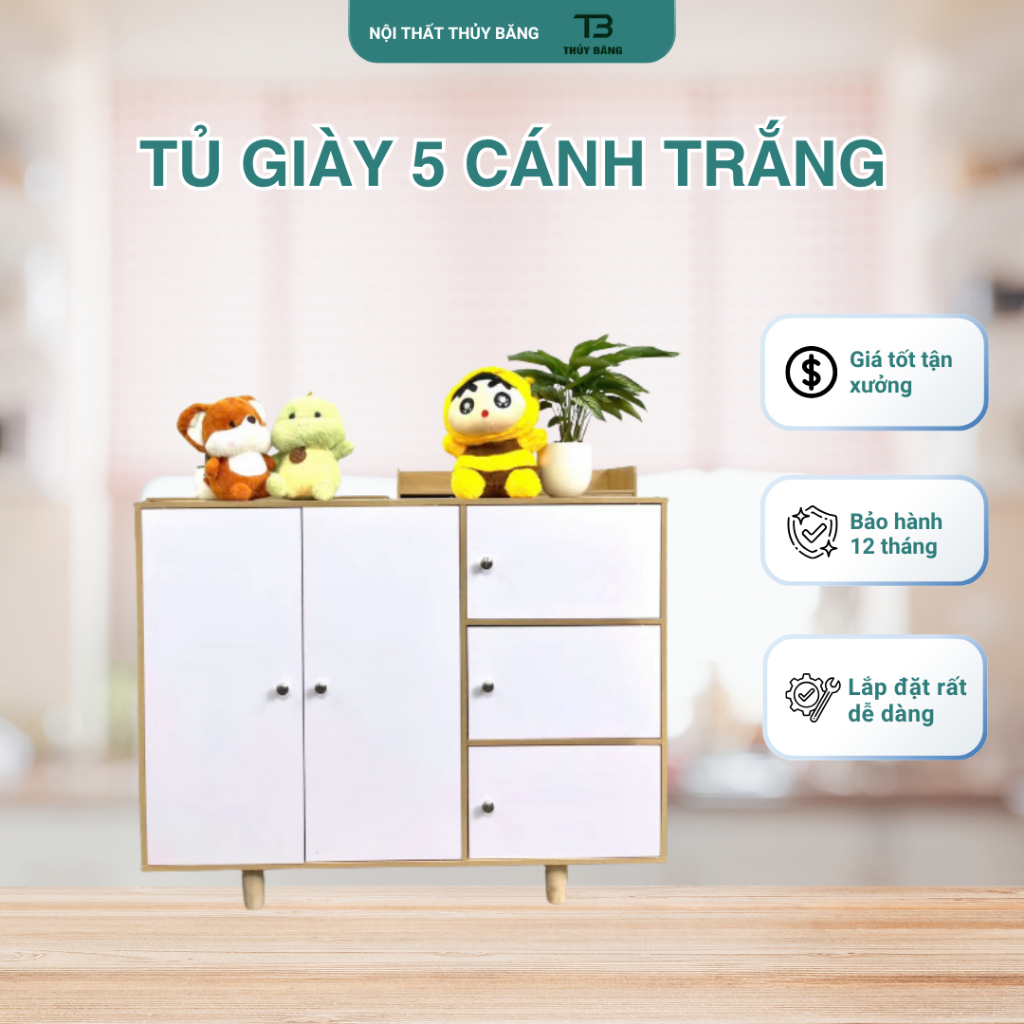 Tủ Giày 5 Cánh Trắng, Tủ Gỗ MDF Phủ Melamin - Tổng Kho Nội Thất Thủy Băng