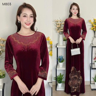 Áo dài trung niên M803 Chất nhung tuyết hoạ tiết hoa đính đá DMC cao cấp - Size 48kg đến 75kg