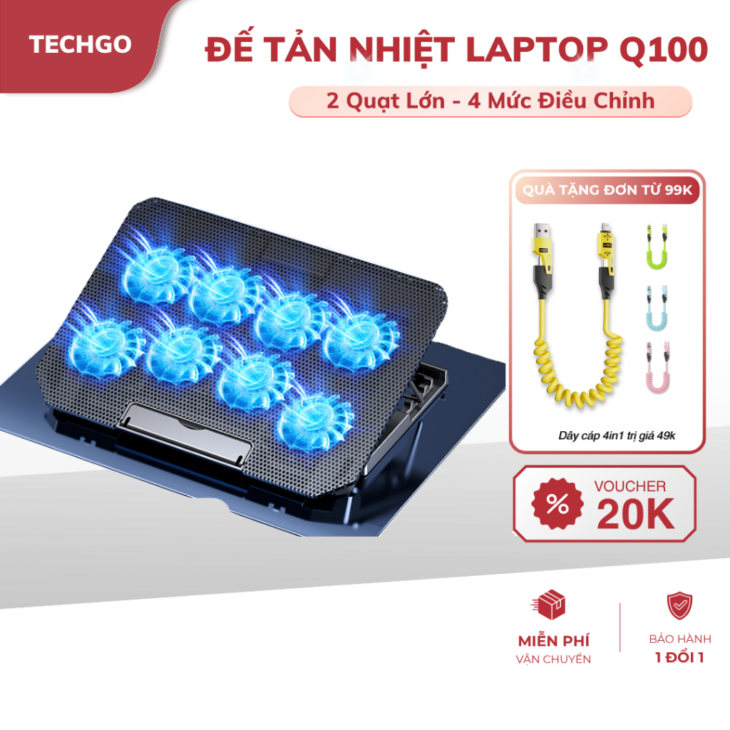 Đế Tản Nhiệt Laptop Q100 8 Quạt Lớn Dành Cho Máy 12-17 Inch, Giá Đỡ Laptop 4 Mức Tùy Chỉnh Độ Cao