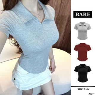  BARE_Áo Thun Nữ Ôm Body Cổ Khoá Cotton Mịn Áo Polo Tay Ngắn Nữ Đi Chơi Công Sở Siêu Tôn Dáng_A727 