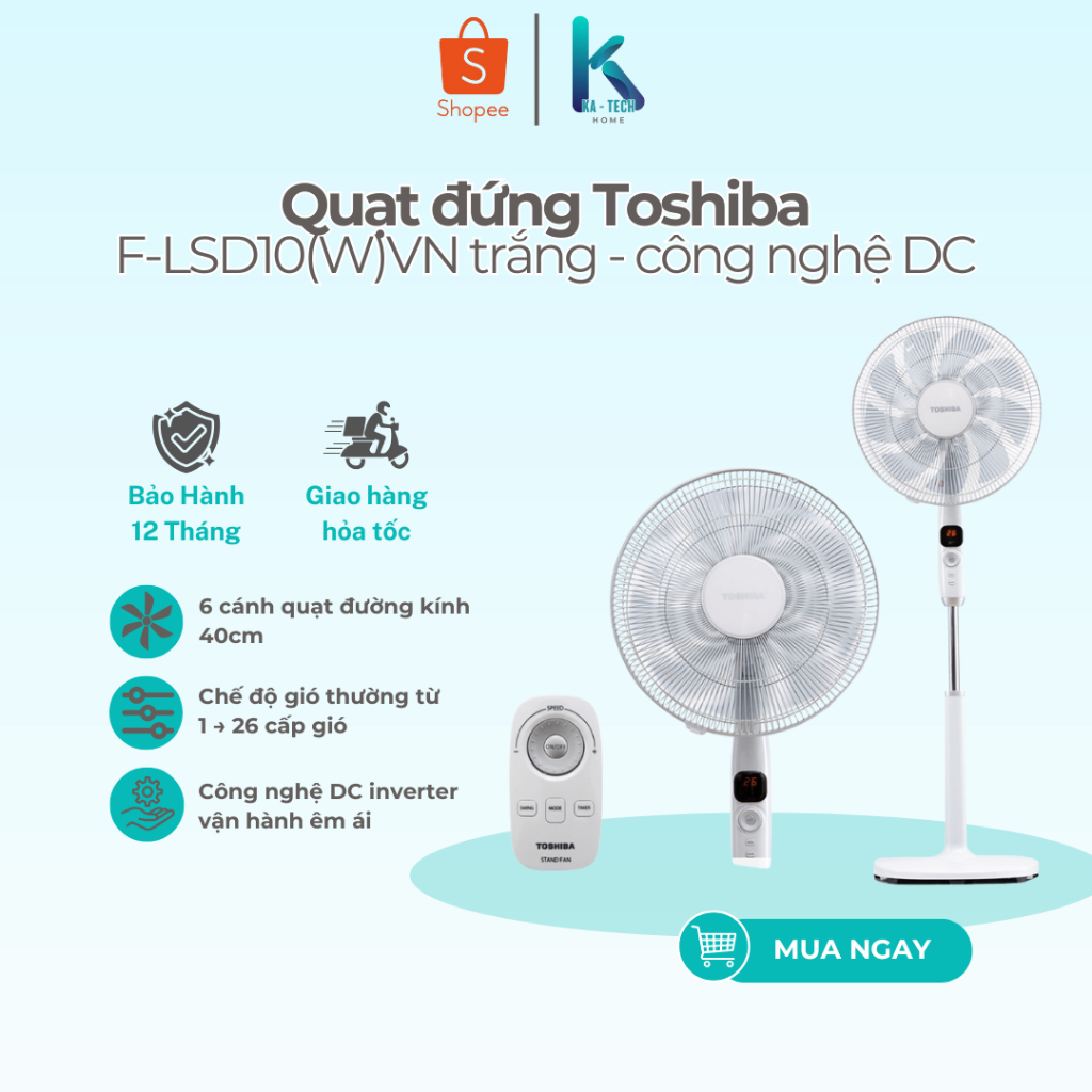 Quạt máy Toshiba F-LSD10VN - F-LSD10(W)VN Trắng | F-LSD10(H)VN Xám - DC Inverter Tiết Kiệm Điện - Bả