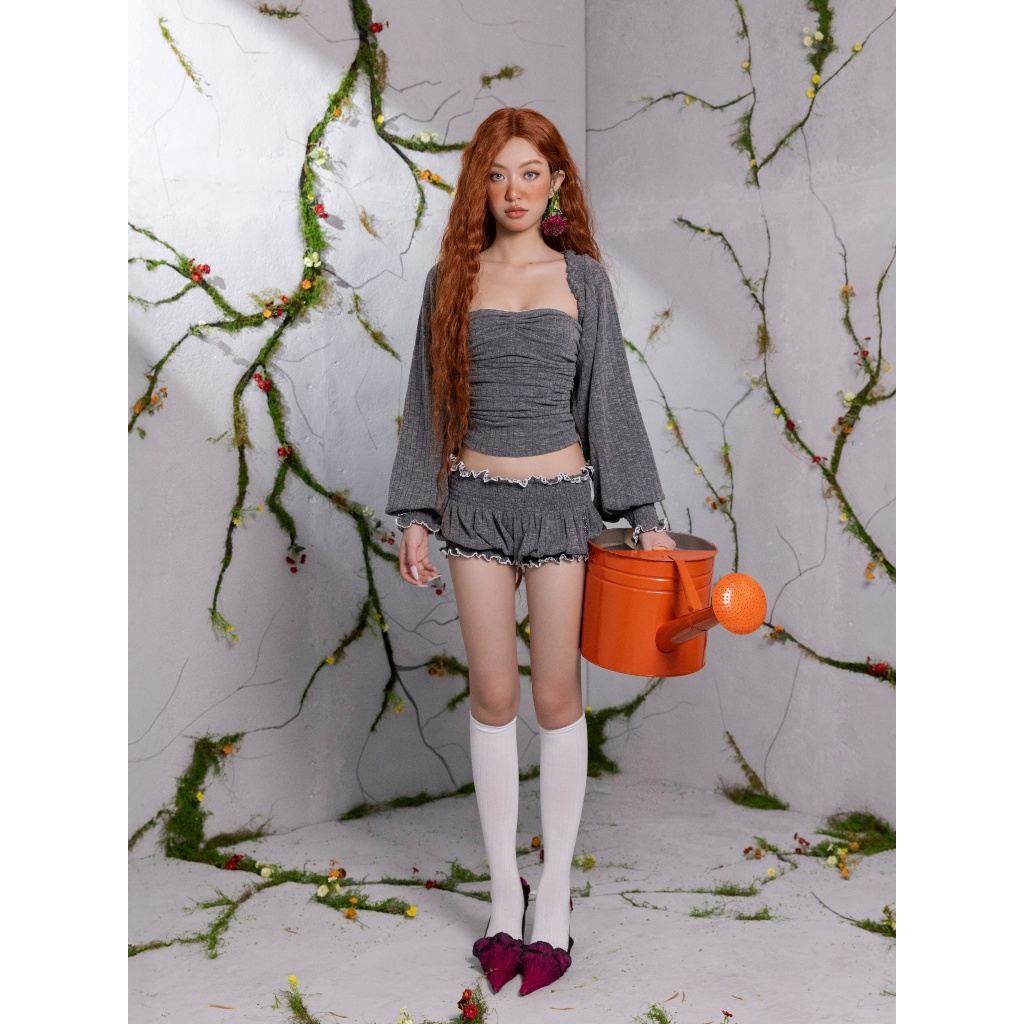 TSUN - Fiona Top Áo Ống Khoác Lửng Thun Len Gân Xám Body Gợi Cảm Cá Tính | BigBuy360 - bigbuy360.vn