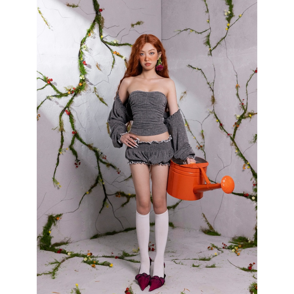 TSUN - Fiona Top Áo Ống Khoác Lửng Thun Len Gân Xám Body Gợi Cảm Cá Tính | BigBuy360 - bigbuy360.vn