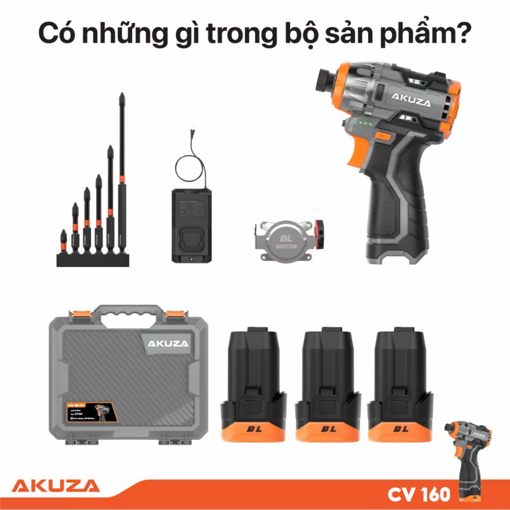 Chuyên Vít Búa Akuza CV160 Không Chổi Than Lực Siết 160N Kèm 3 Pin Bảo Hành 6 Tháng