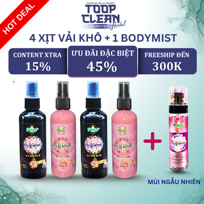 Combo 5: 4 Chai Xịt Vải Khô 100 ML + 1 Chai Xịt Thơm Cơ Thể Bodymist 105 ML (Thương Hiệu Hygienc Plus)