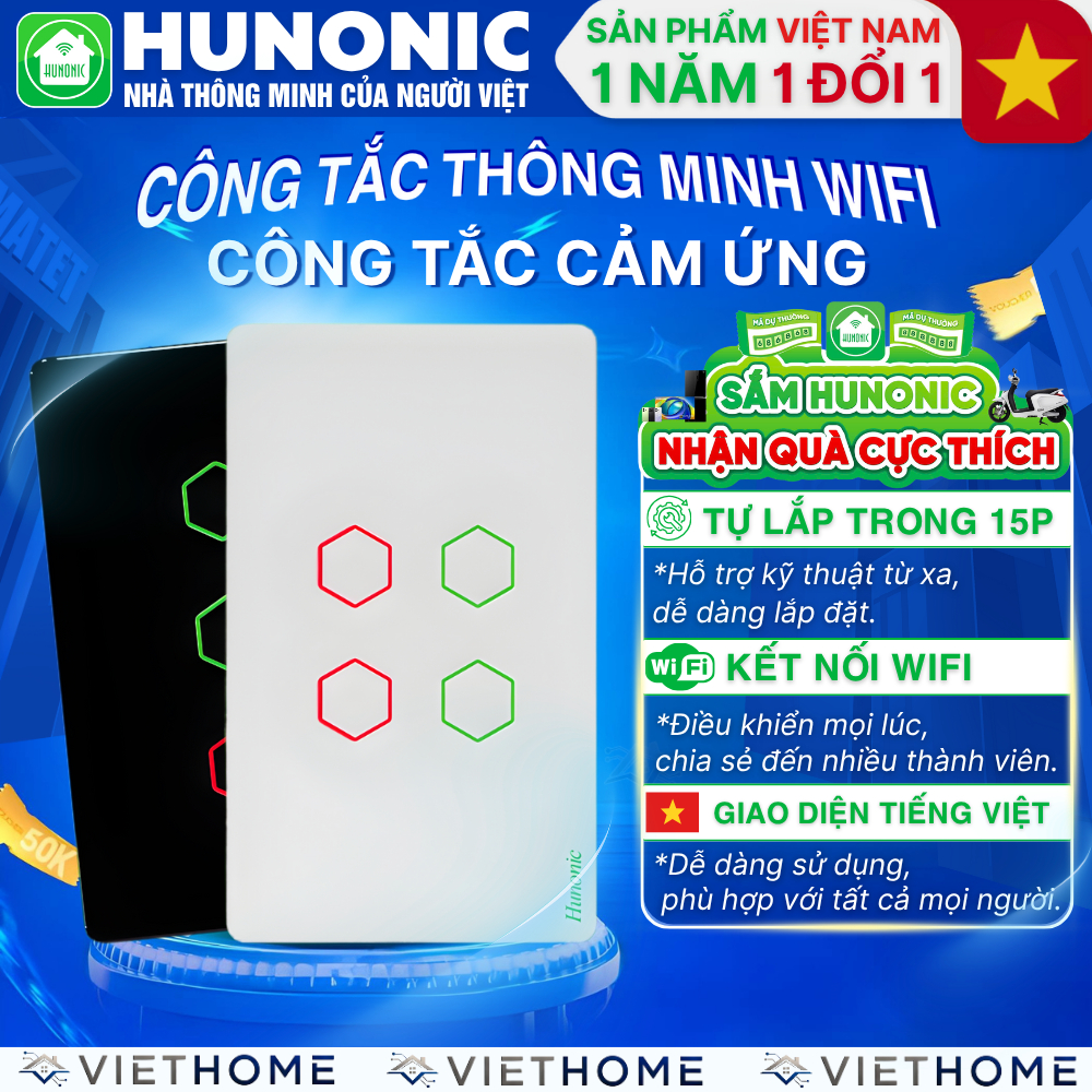 Công Tắc Wifi Thông Minh Hunonic Datic - Công Tắc Cảm Ứng Chạm Điều Khiển Từ Xa Qua Điện Thoại