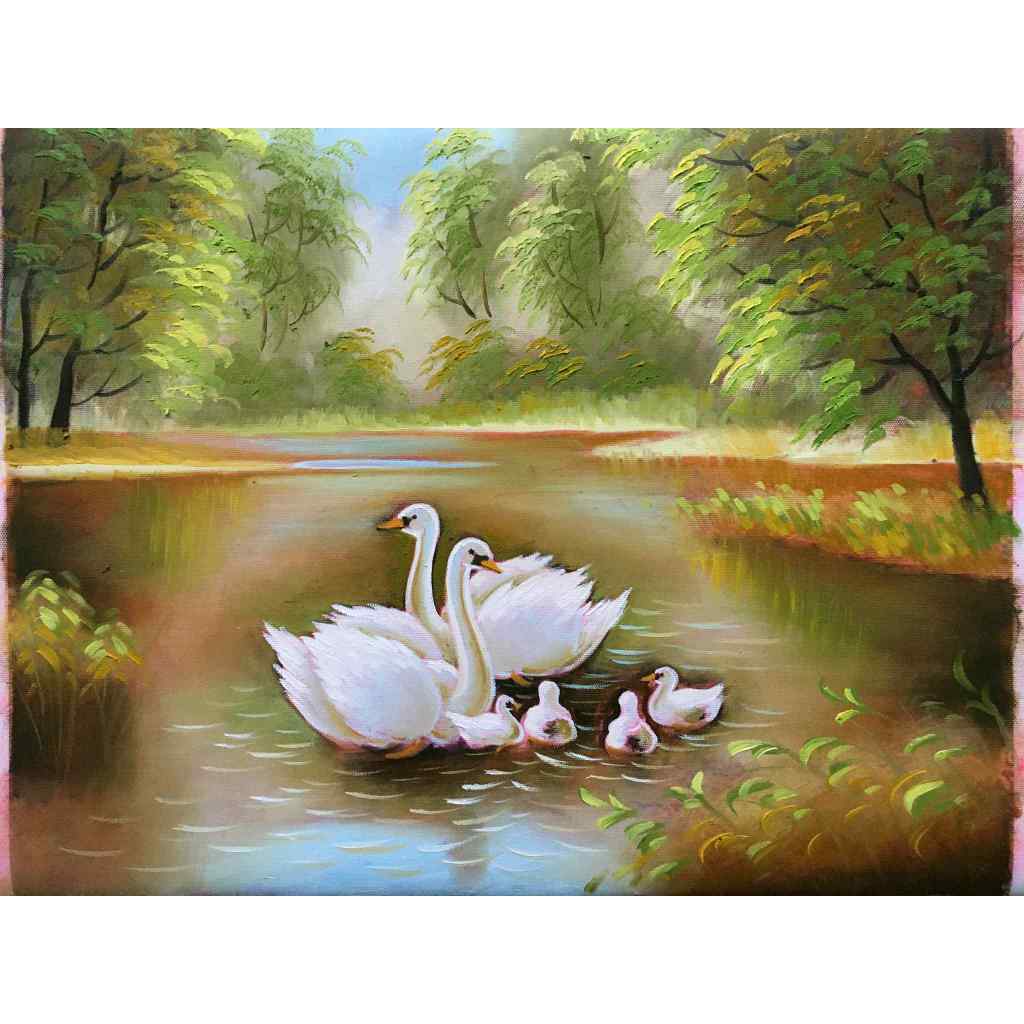 Gia Đình Thiên Nga 40x50cm - Tranh Sơn Dầu Vẽ Tay 40x50cm