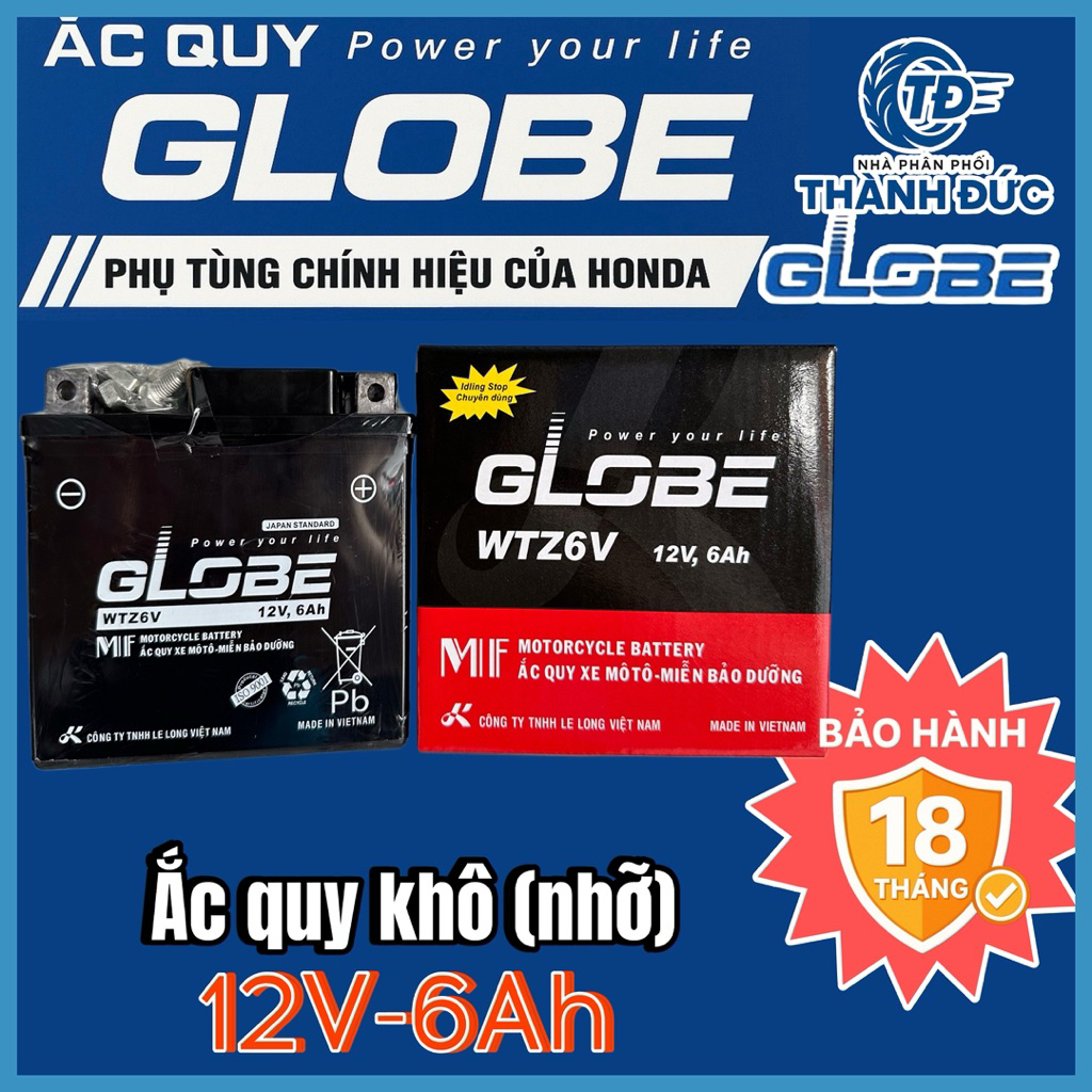 Bình GLOBE 12V-6Ah Chính Hãng Chuyên Dùng Cho Xe Ga 125cc Xe Động Cơ tạm dừng Idling Stop