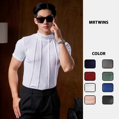 Áo Thun Nam Tay Ngắn Cổ Lọ Phối Xếp Ly Form Body Cotton Tăm Gân Thương Hiệu Mr Twins