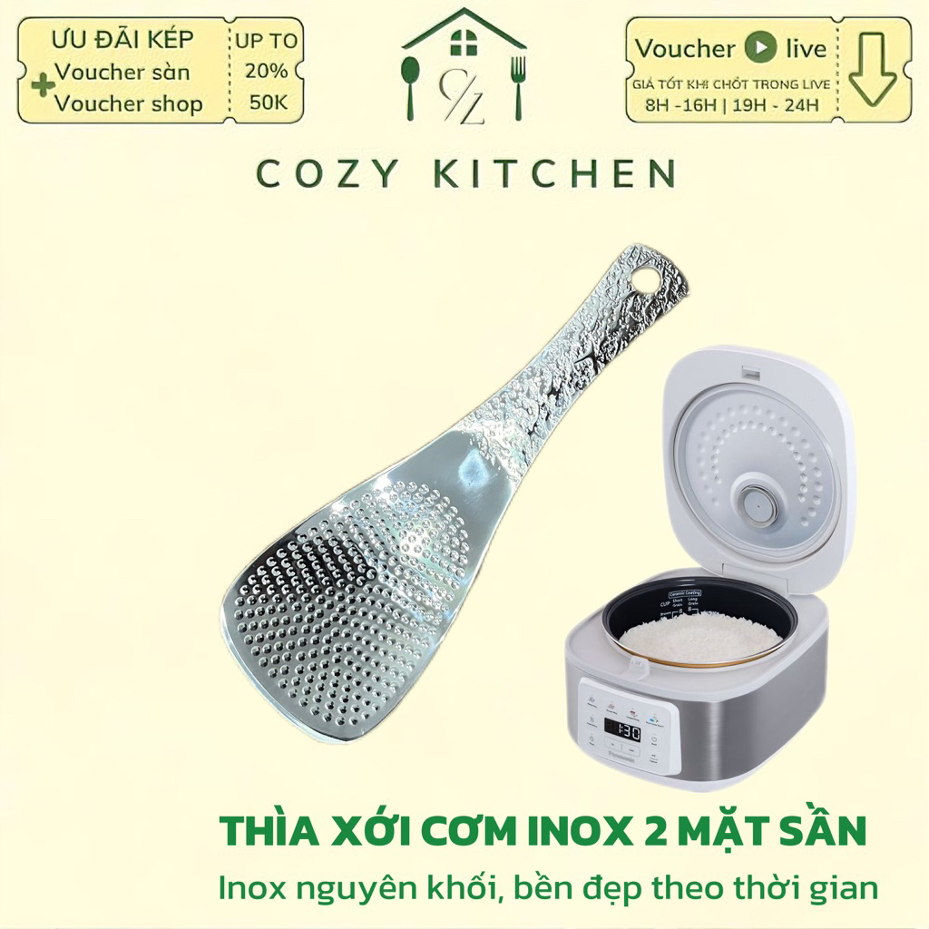 Thìa xới cơm thiết kế siêu chống dính Inox nguyên khối, muỗng xới cơm cán dài cách nhiệt