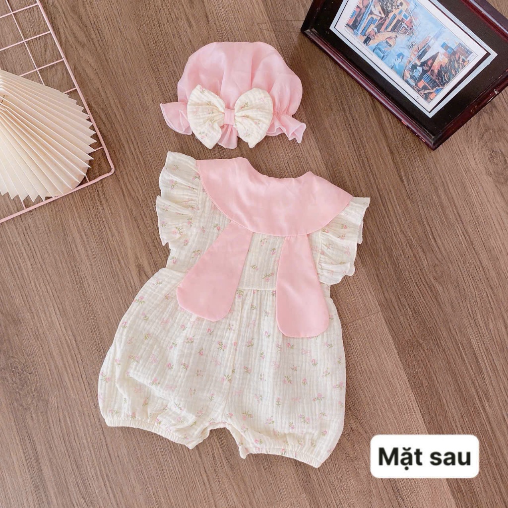 TẶNG MŨ, Body Đùi Cộc Tay Cho Bé Gái Sơ Sinh Đầy Tháng Đến 1 Tuổi 10kg Vải Xô Muslin Mềm Mát / Đùi Tai Thỏ Xô Hoa Nhí