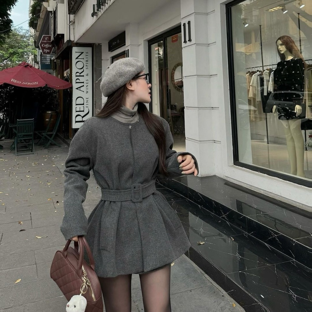 Pass Áo khoác dạ nữ kèm đai chất liệu dạ ép cao cấp