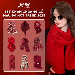  BST Khăn Choàng Màu Đỏ Hot Trend 2025 Jussy Official Khăn Len Dệt Kim Dày Ấm Sang Trọng Cho Nam Nữ Quà Tặng Noel 