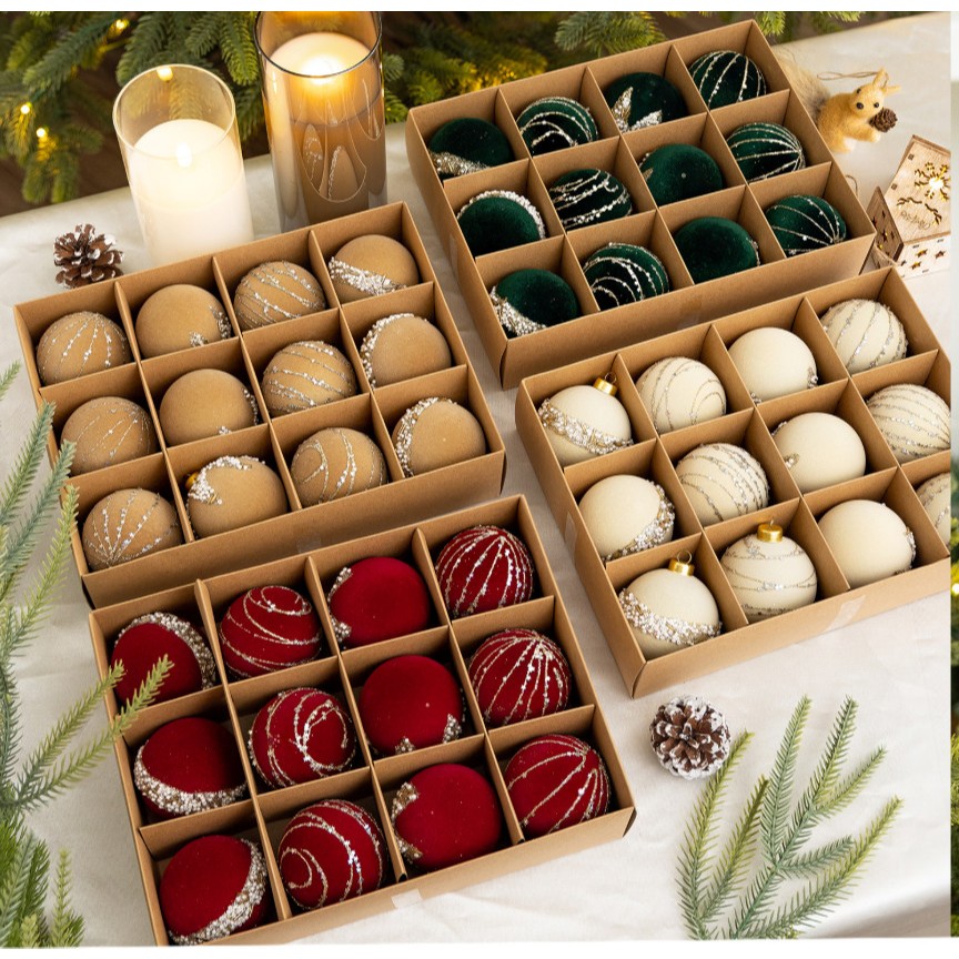Set 12 Quả Châu Nhung Họa Tiết 6cm E110 Sang Trọng Trang Trí Noel Giáng Sinh
