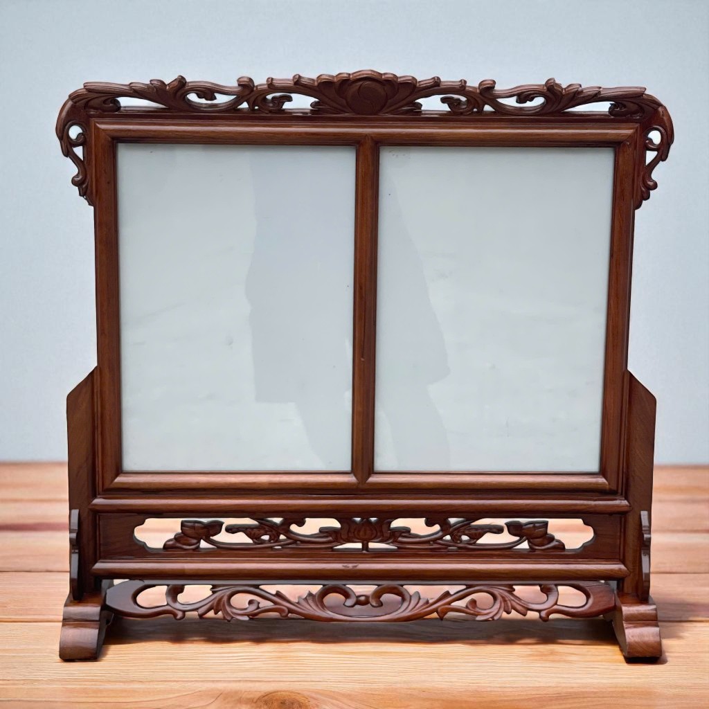Khung ảnh bàn thờ đôi khung hình trạm hoa lá tây gỗ hương cỡ ảnh 20x30