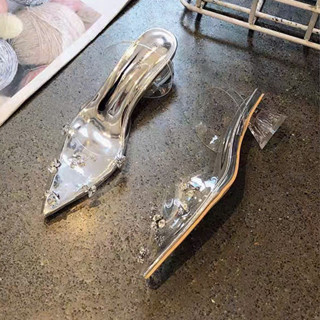  Rất đẹp ~ size 35-42 Dép cao gót kín mũi trong suốt đính đá bạc một quai cho nữ đi vào mùa đông mùa thu cao 5p 7p 