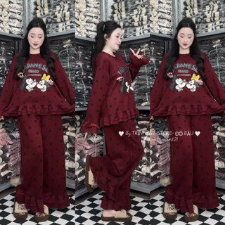   TRINH MIT  Bộ Bầu Dài Tay Micky Chấm Bi To Chất Umi Hàn Mềm Mát - Có Chun Chỉnh Eo Cho Bầu Mặc Thu Đông 