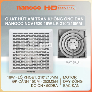 Quạt hút âm trần không dùng ống dẫn Nanoco NCV1520 16W motor dây đồng bạc đạn bền bỉ