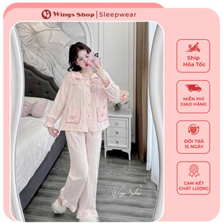  Đồ Bộ Nữ Đũi Xốp Tay Dài Ấm Áp Dễ Thương Pijama Mặc Nhà Nữ Túi Hoa Cổ Nơ Xinh Yêu Thu Đông 