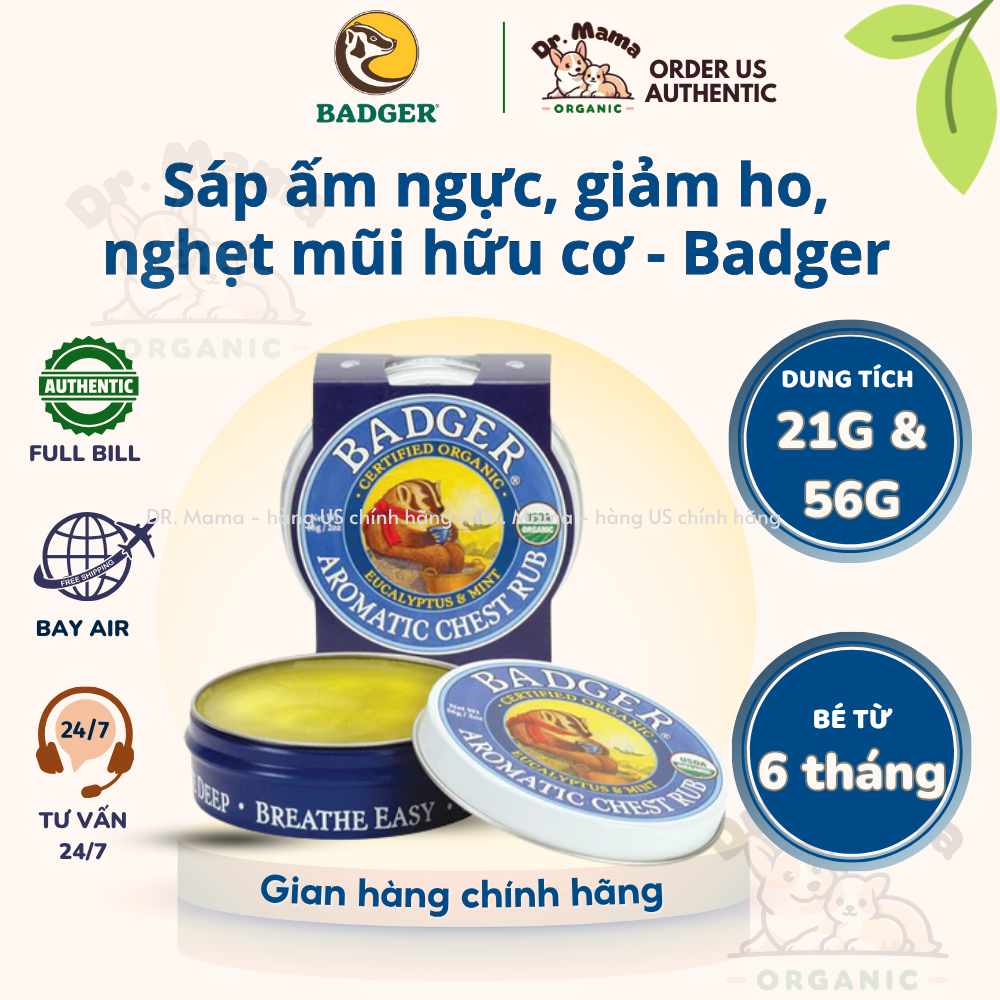 Sáp ấm ngực hữu cơ BADGER Chest Rub - giảm ho, nghẹt mũi cho bé [Đủ bill, bay Air]