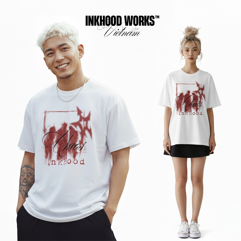 Áo thun Boxy Chaos inkHood chất liệu cotton 280GSM - Áo form boxy trắng - Áo unisex Nam nữ