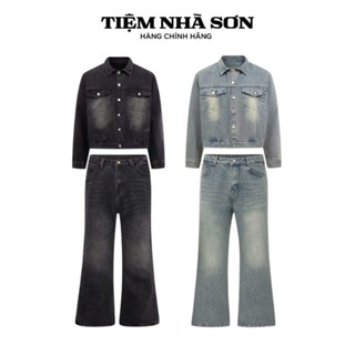   Combo Áo + Quần  Quần Jean Loe Bootcut Douyin Áo Khoác Denim Boxy Crop Unisex Nam Nữ Tiệm Nhà SƠN 