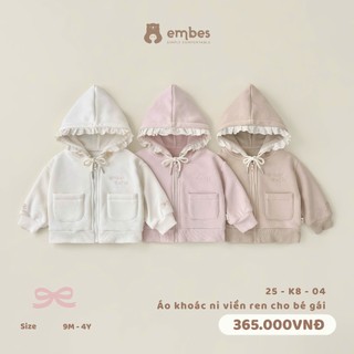  Áo Khoác Bé Gái Embes Áo Khoác Nỉ Thêu Nơ Viền Ren Chất Nỉ Bông Mặc Thu Đông Cho Bé Gái Từ 8-18Kg 
