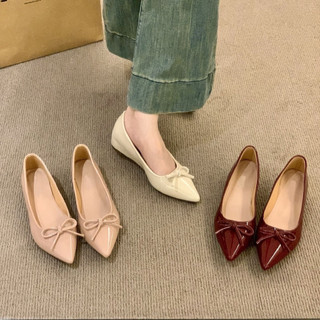 【Ảnh thật- Sẵn be 39】Giày Nữ Da Bóng Mũi Nhọn Độn Đế 3-4cm Đính Nơ Xinh Mẫu Tiểu Thư Nhẹ Nhàng Thanh Lịch