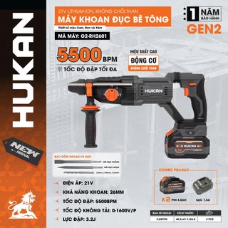  Bộ Máy Khoan Đục Bê Tông 3 Chức Năng HUKAN G2-RH2601 Lực Đập 3.2J 2pin 15cell Có Giảm Rung Chấn 
