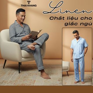 Bộ Pijama Nam Linen Trung Niên Dài Tay Thái Khang Bộ Đồ Mặc Nhà Vải Linen Caro Thoáng Mát BO53