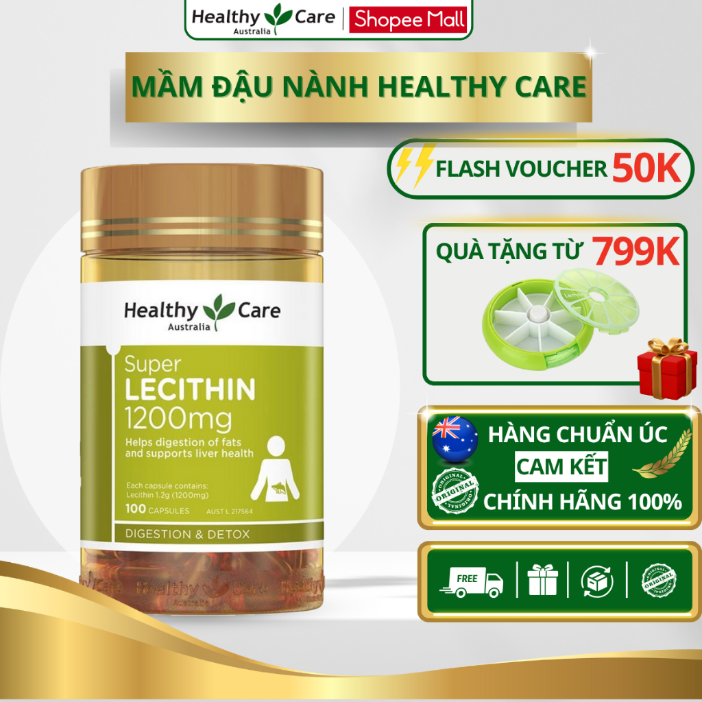 Mầm đậu nành Healthy Care Super Lecithin 1200mg hỗ trợ tăng kích thước v1 và làm đẹp da cho nữ giới
