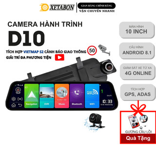 Camera hành trình gương ô tô D10 trước 2k sau Full HD có bản đồ vietmap S2 cảnh báo tốc độ định vị GPS lắp sim 4G 