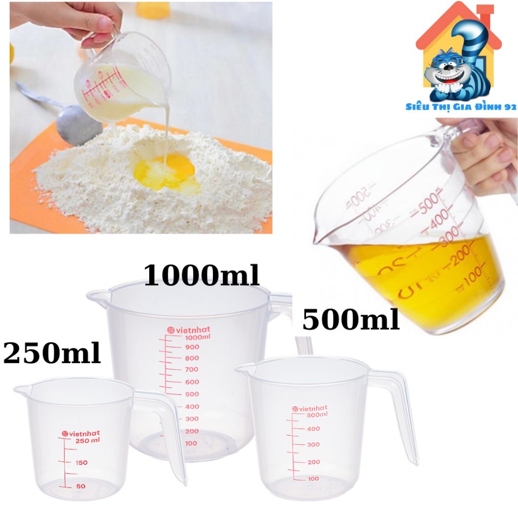 Bộ 3 ca đong mini nhựa VIỆT NHẬT 250ml, 500ml, 1L - Trong suốt, vạch chia định lượng -D>DUCK STORE
