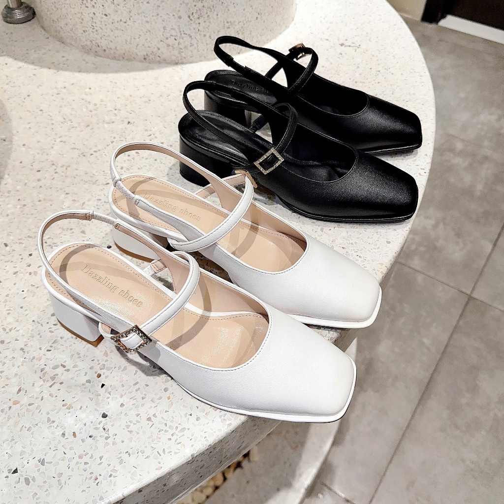 Giày cao gót nữ mũi vuông gót 5cm DAZZLING SHOES 2 màu Đen Trắng Basic công sở SLB200