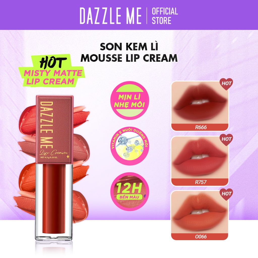 Son Kem Lì Siêu Mịn Kháng Nước Lâu Trôi Và Không Làm Khô Môi DAZZLE ME Mousse Lip Cream 4.5g